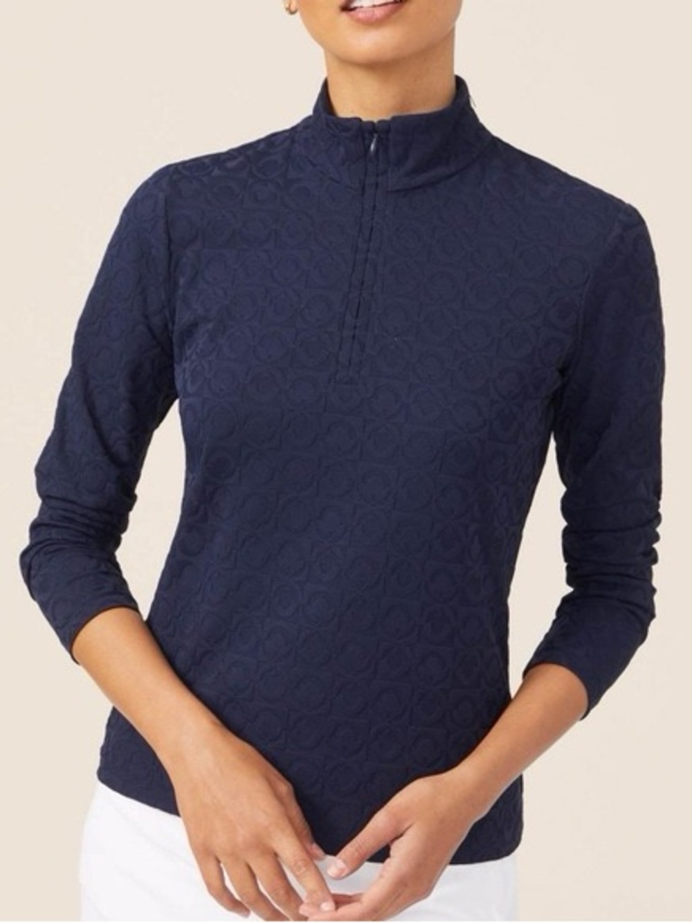 J. McLaughlin Bedford 1/4 Zip Pullover Jacquard Geo Tulip Print Navy Medium